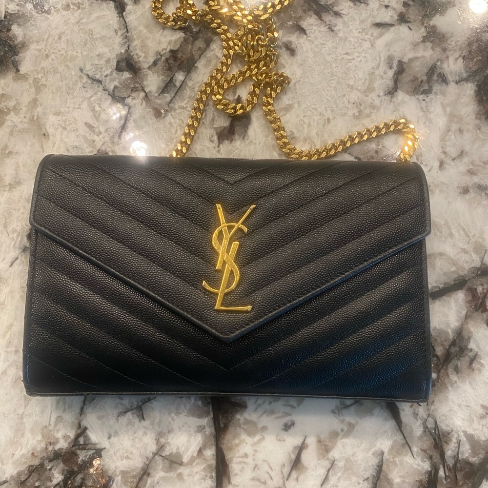 BLACK YSL CASSANDRE MATELASSÉ CHAIN WALLET PURSE SAINT LAURENT CROSSBODY